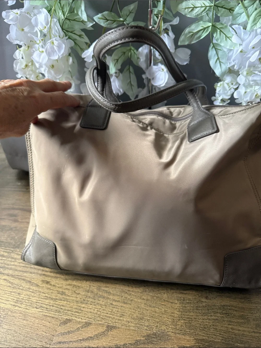 Tory Burch Taupe Nylon Tote with Leather Trim